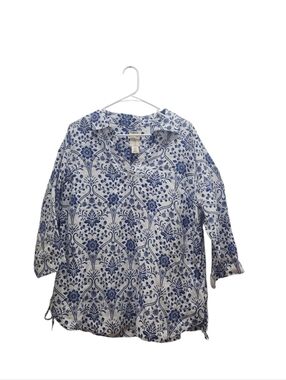 JOIE 100% Linen Tunic Top Plus Size 1X Blue White Floral Print Cottage Coastal